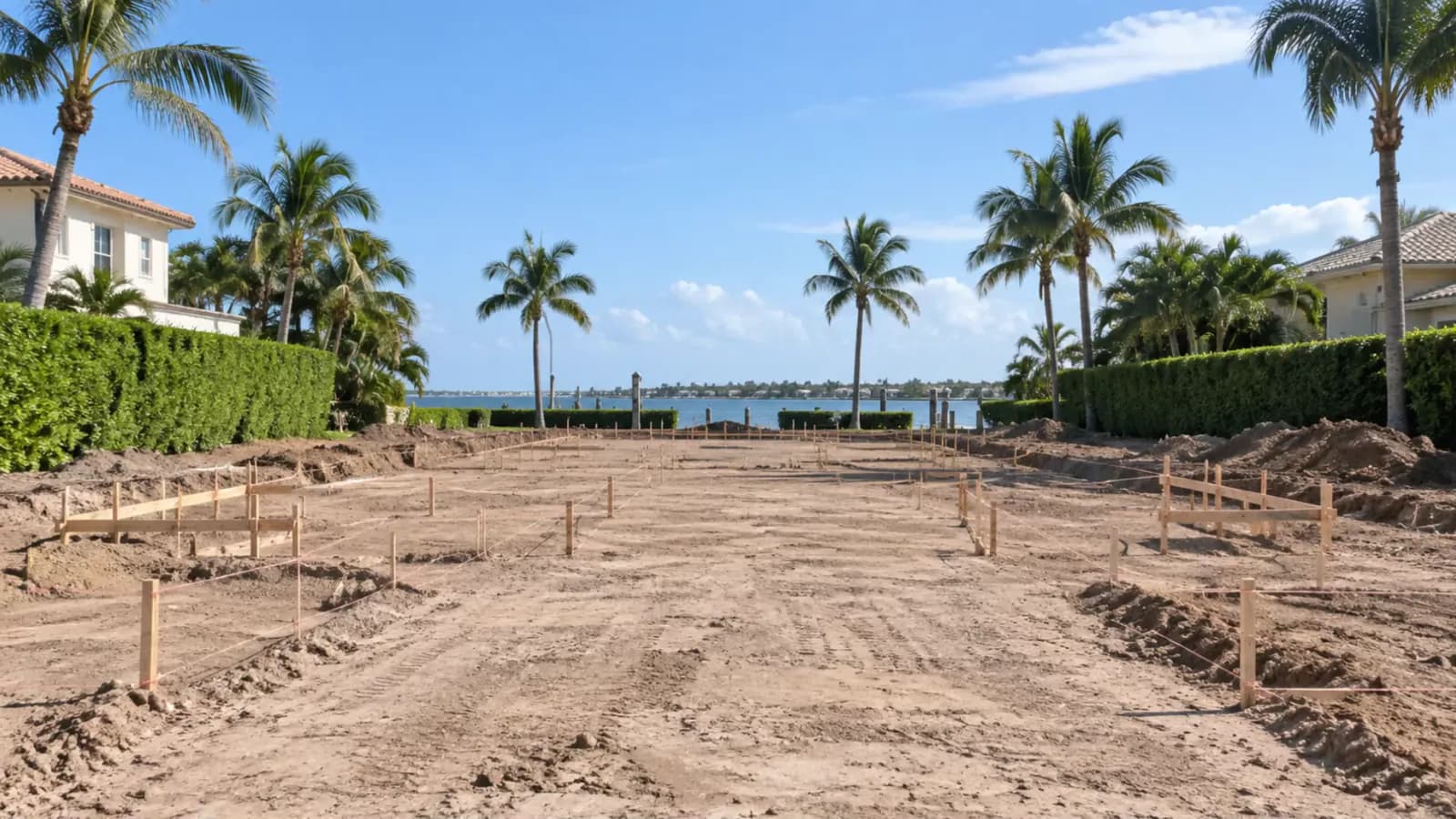 A graded building pad staked out on a waterfront lot lined with palms