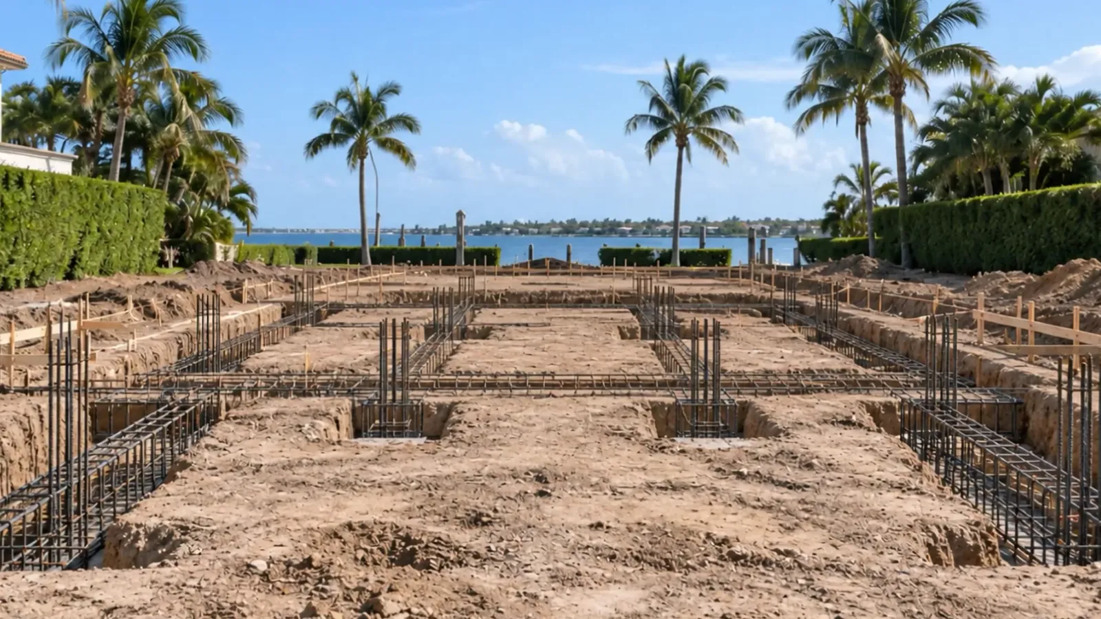 Rebar mats and footings tied out across the foundation