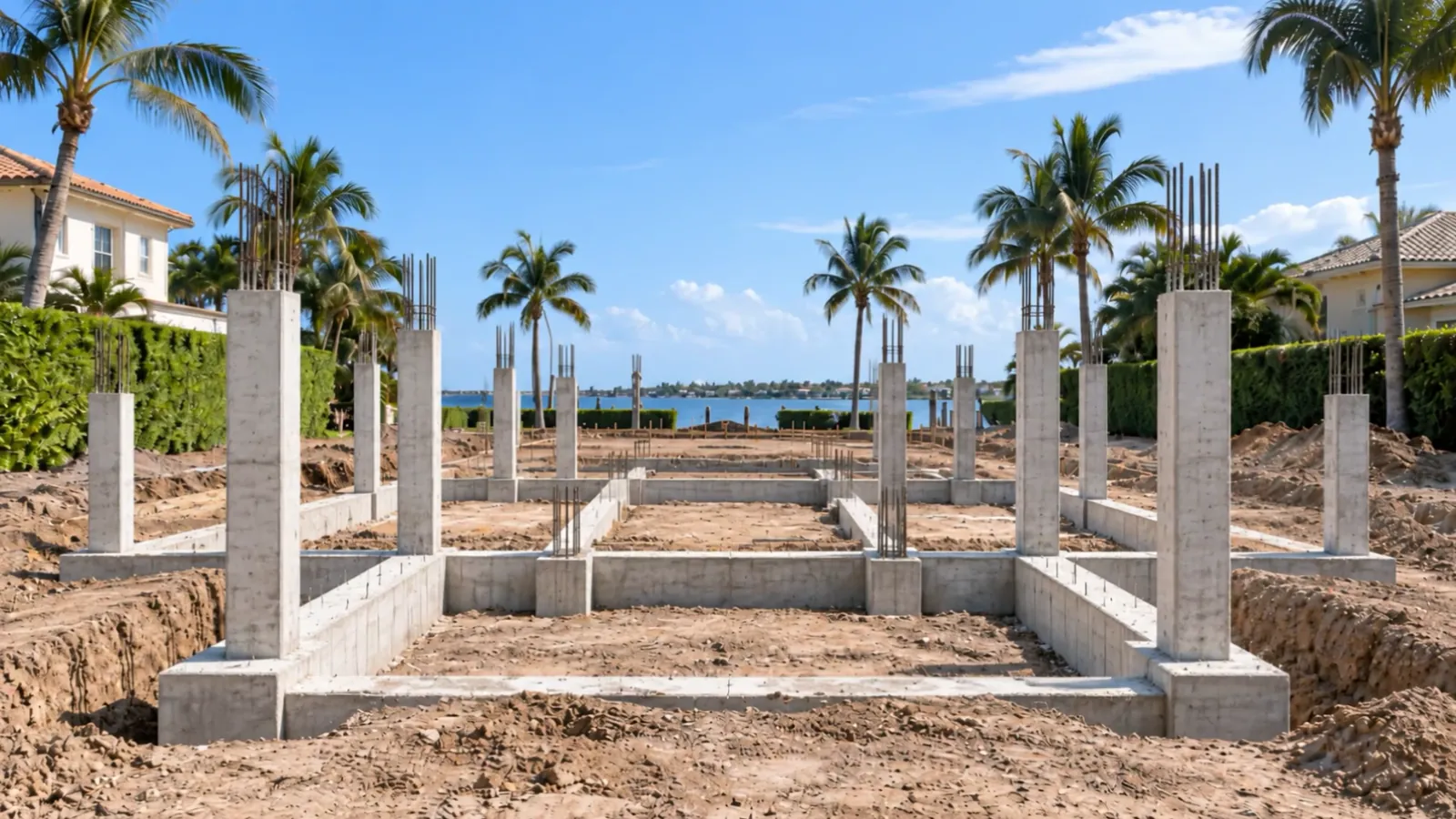 Poured concrete columns rising from the foundation