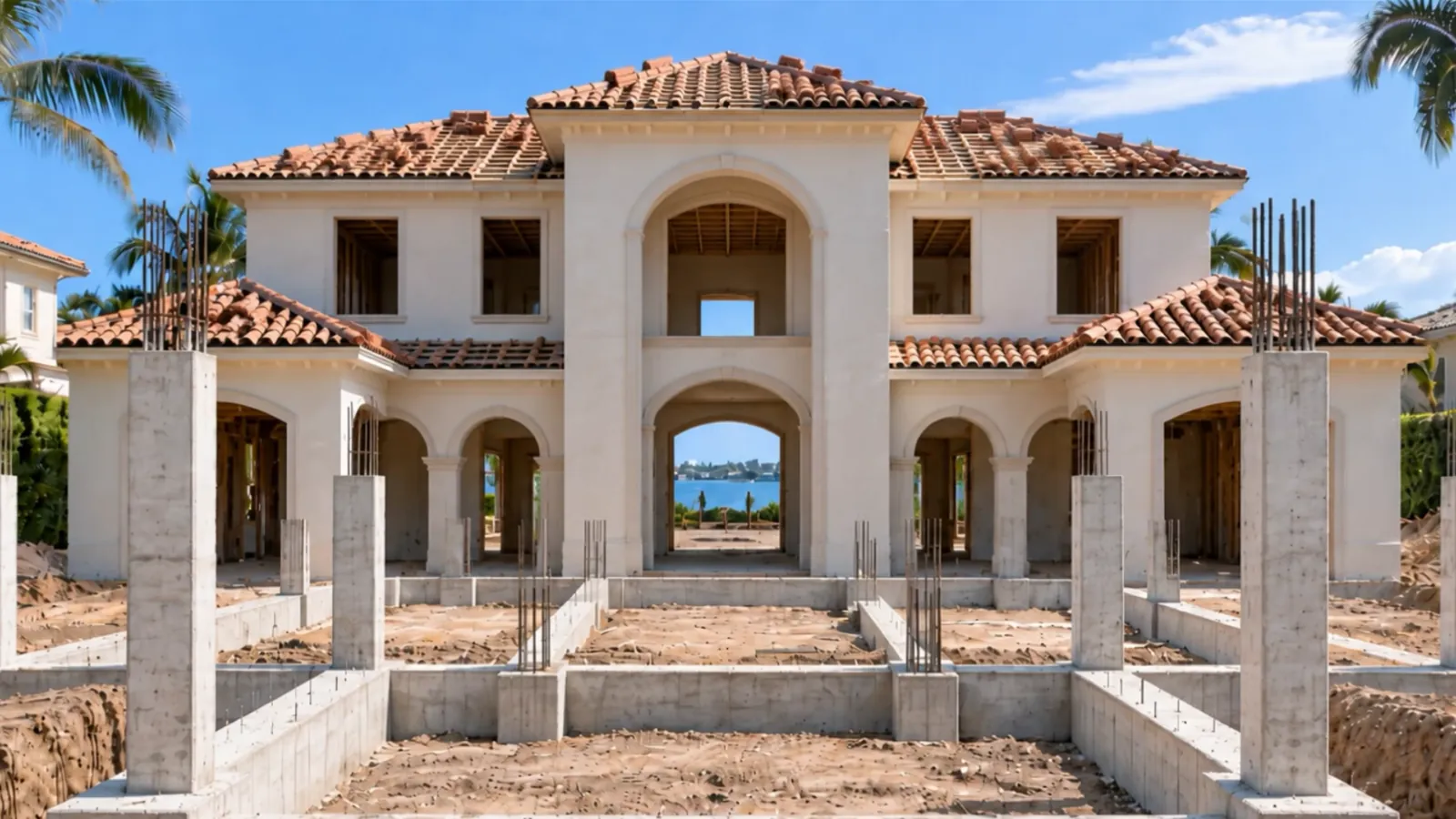 A two-storey shell with the upper floor framed and the barrel tile roof laid