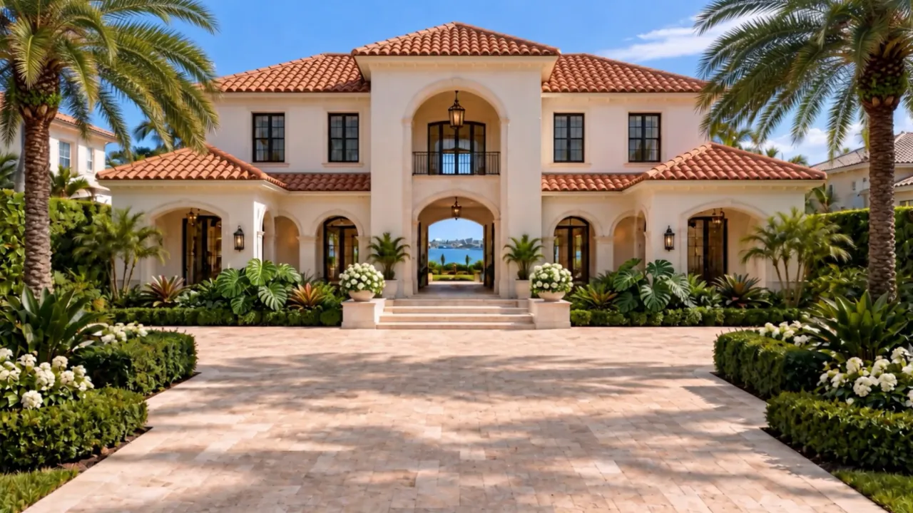 A graded waterfront building pad staked out and ready, palms and open water behind it